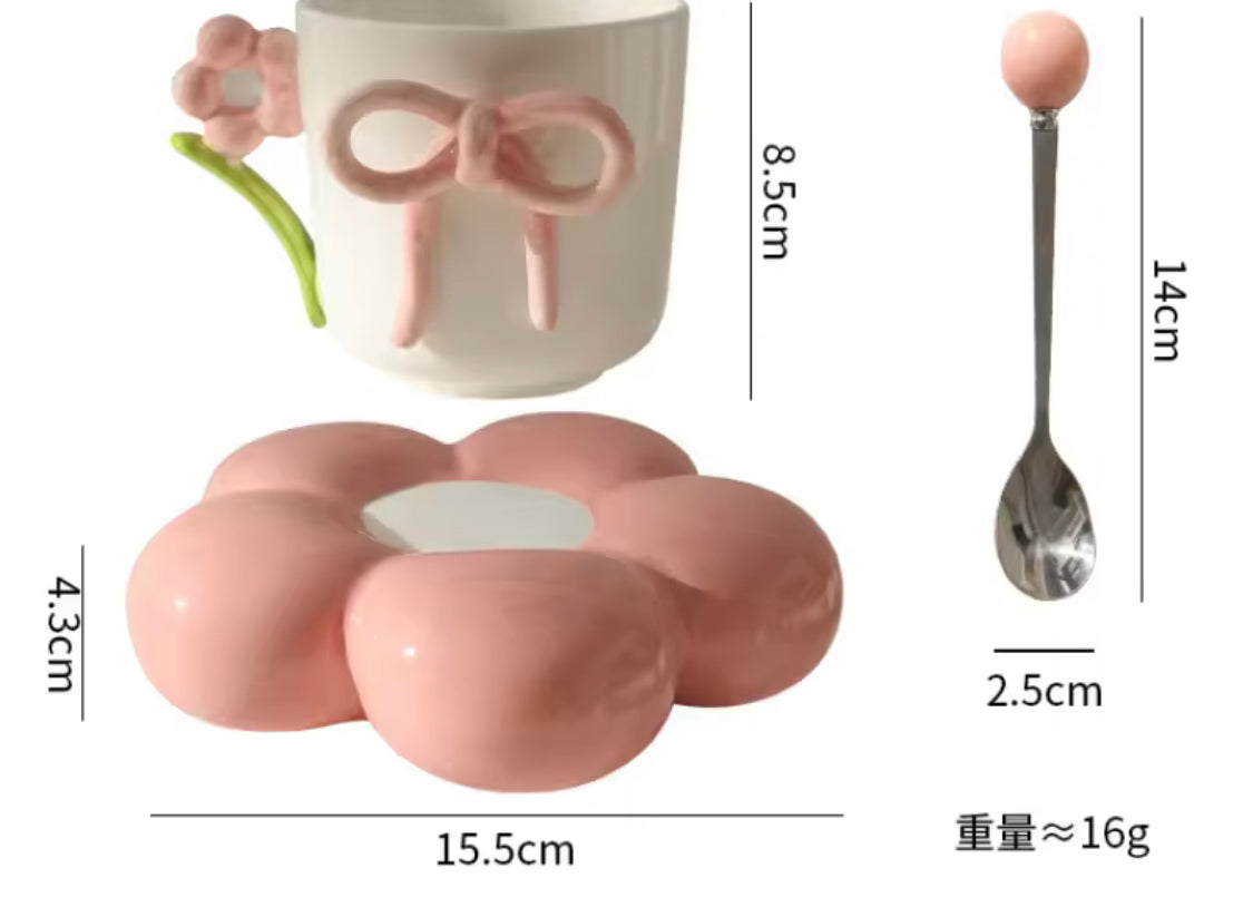 Creative Bow Ceramic Mug With Spoon, Three Simensional Flower Coffee Cup, Girls Office Breakfast Milk Cup