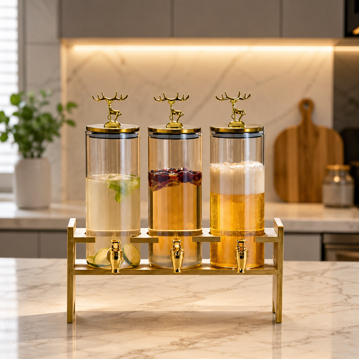 Triple Juice Dispenser With Gold Deer Lid, Glass Drink Dispenser With Wooden Stand, Luxury Beverage Station With Taps