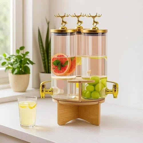 3 In 1 Rotating Glass Beverage Dispenser With Deer Lid, High Borosilicate Beverages Dispenser With 3 Tap, Glass Beverage Dispenser Set with Stand, Tabletop Beverage And Water Dispenser, Water Storage Glass Dispenser, Beverage Storage Jar