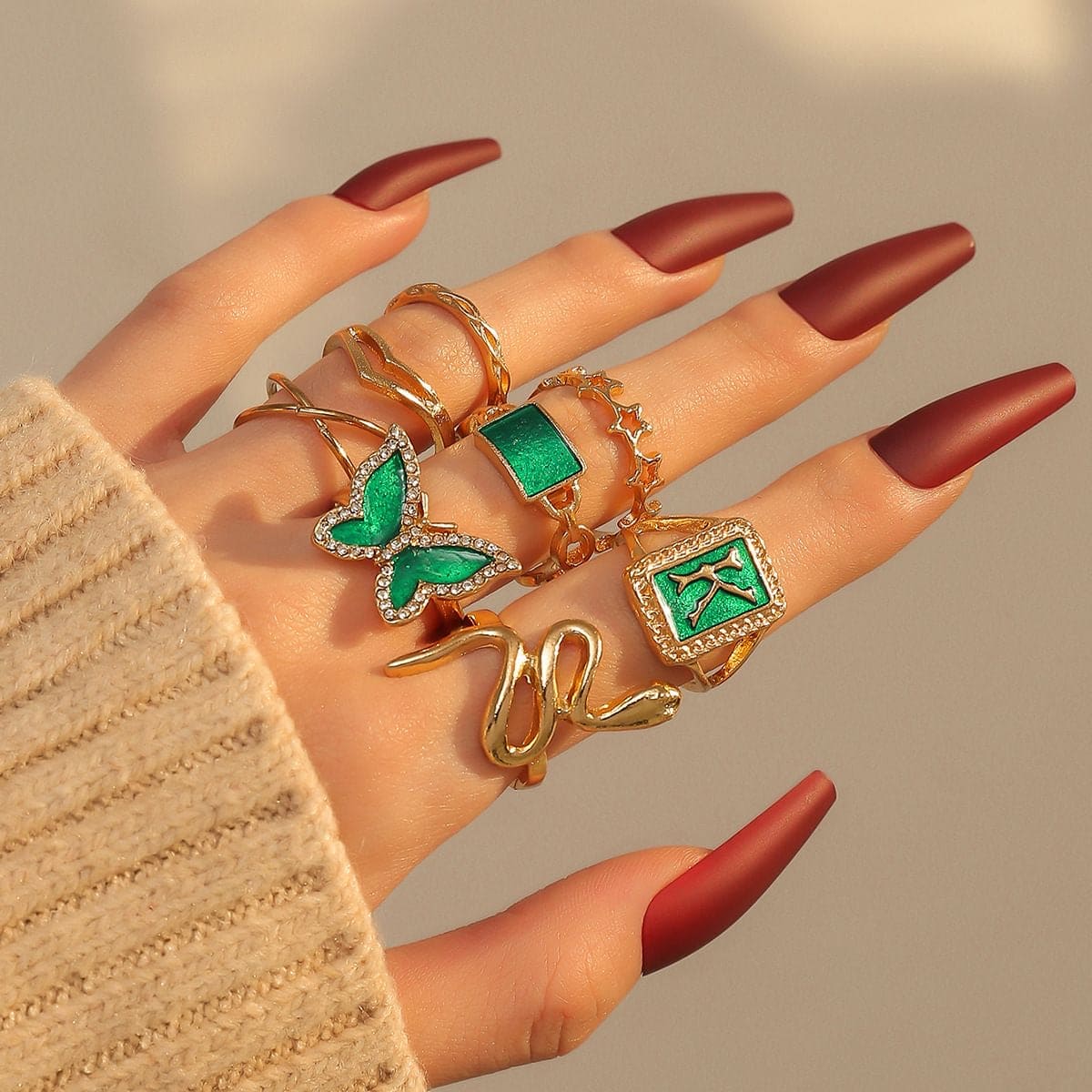 Set Of 8 K Snake Rings, Multi Element Geometric Ring Jewellery, Snake & Butterfly Decor Ring, Green K Letter Snake Butterfly Pentagram Ring For Women
