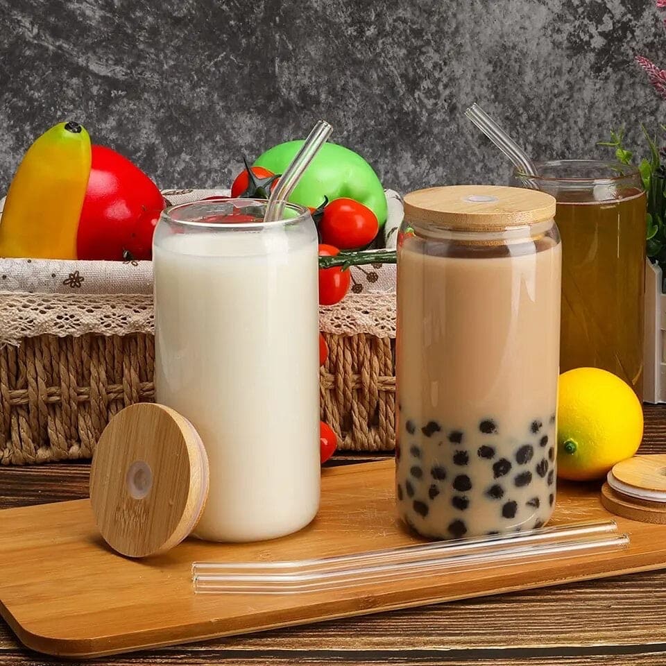 Bubble Tea Cup, 500ml Glass Mug With Bamboo Glass And Straw, Multipurpose Iced Coffee Cute Tumbler Cup for Cocktail, Party Beverage Cup, Portable Glass Water Cup with Straw Lid, Household Borosilicate Straw Glass