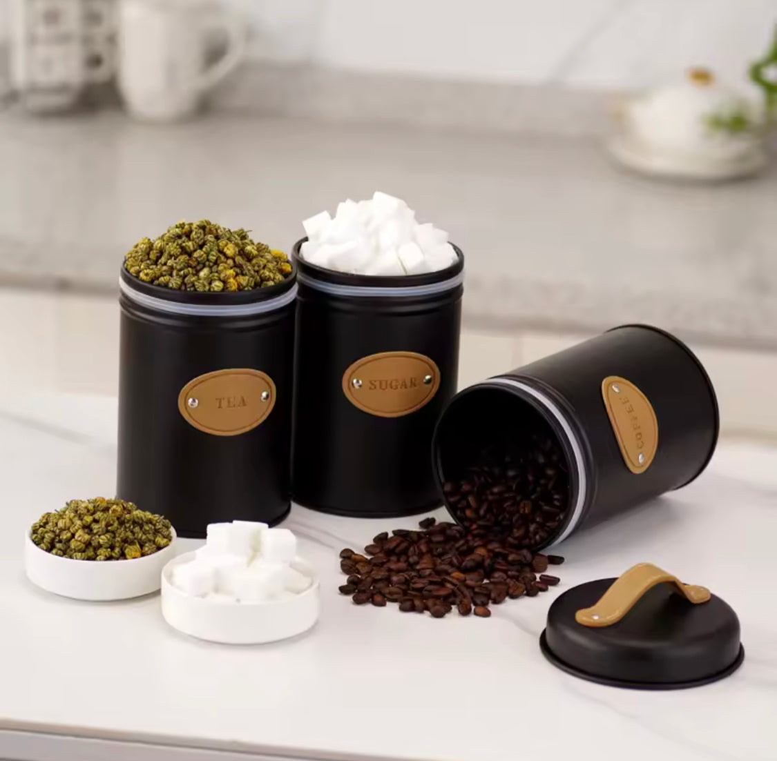 3pcs Coffee Tea And Sugar Jar With Lid, Moisture Proof Kitchen Storage Airtight Cans, Coffee Beans Tea Snacks Sealed Container, Seasoning Bottle Spice Jars, Stainless Steel Kitchen Storage Pots