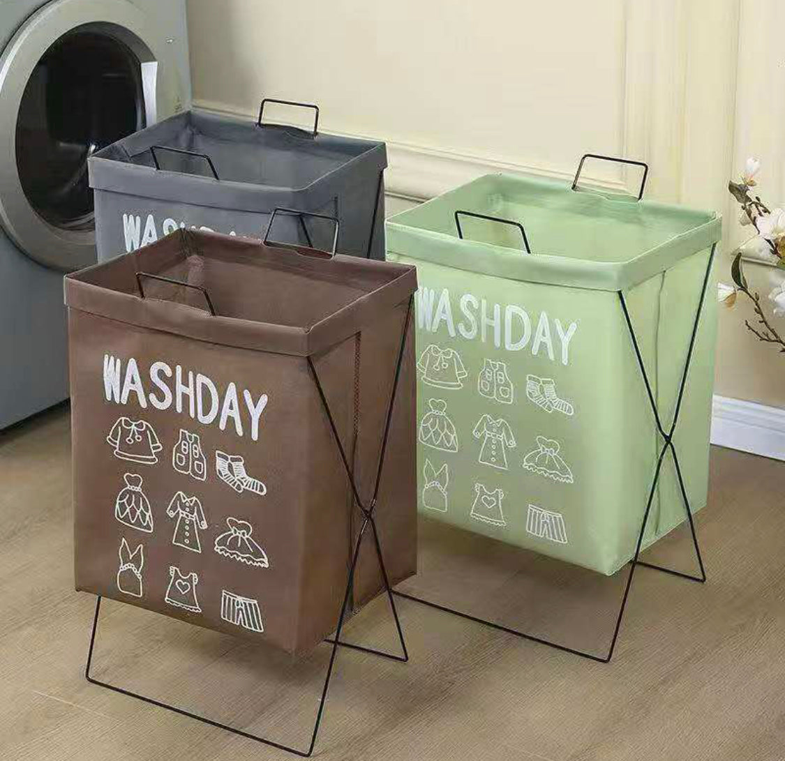 Collapsible Laundry Hamper Basket with Iron X Frame, Folding Washing Clothes Storage Basket, Waterproof Storage Hamper Organizer