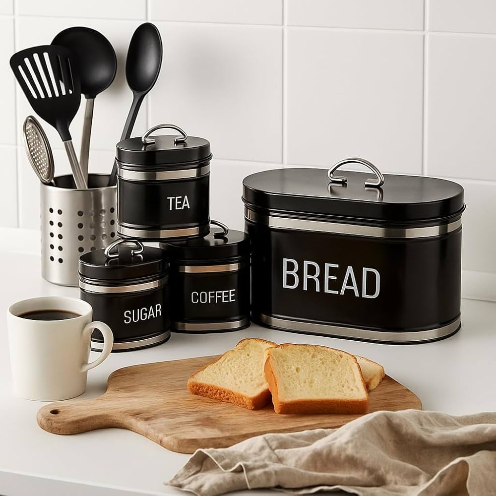Set Of 4 Bread Bin And Canister Set, Vintage Style Storage Jars, Coffee And Sugar Metal Container, Airtight Storage Box For Bread
