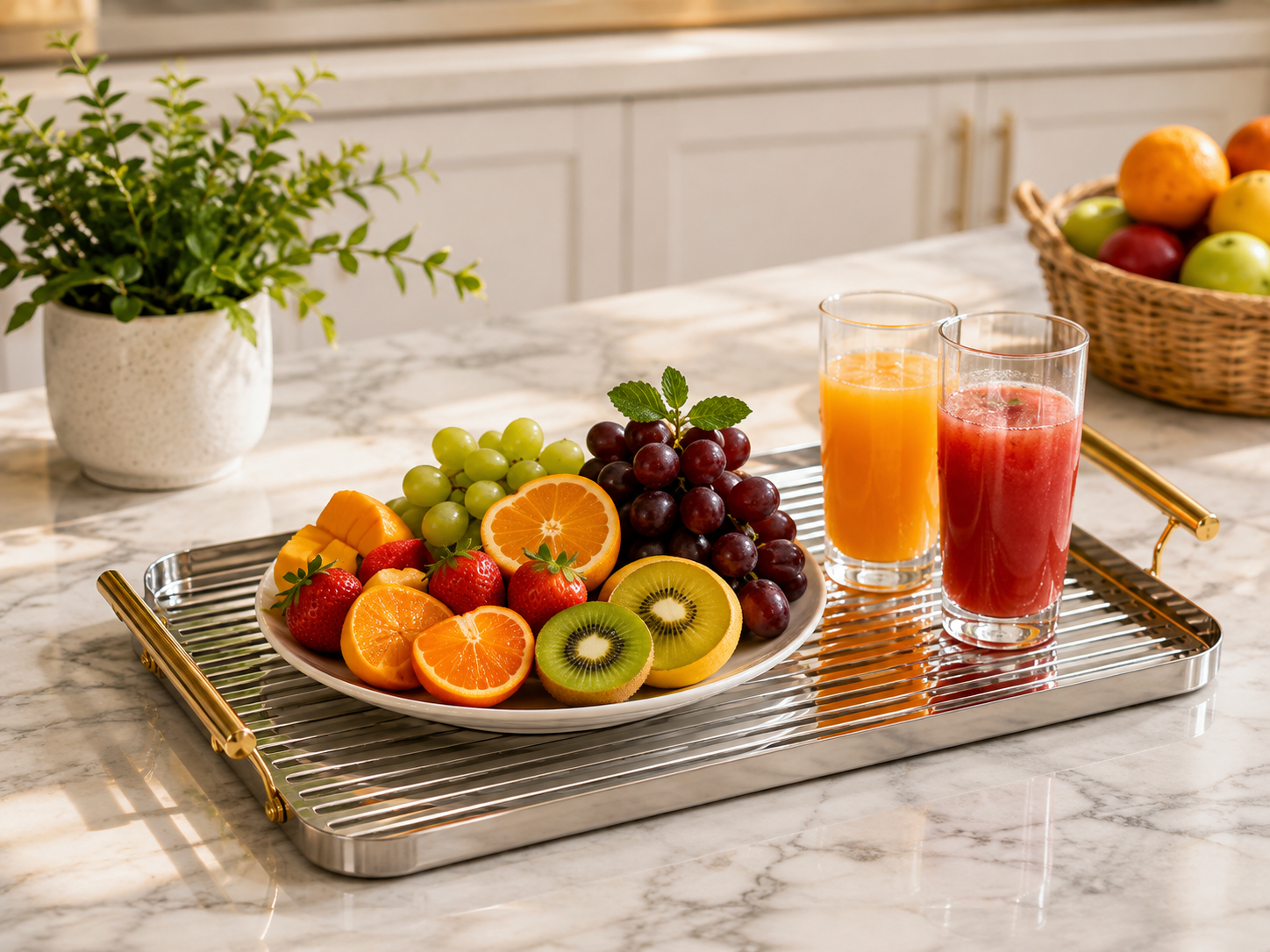 Stainless Steel Serving Tray with Gold Handles, Multipurpose Serving Tray, Elegant Rectangular Serving Tray with Gold Handles, Countertop Organizer & Serving Tray