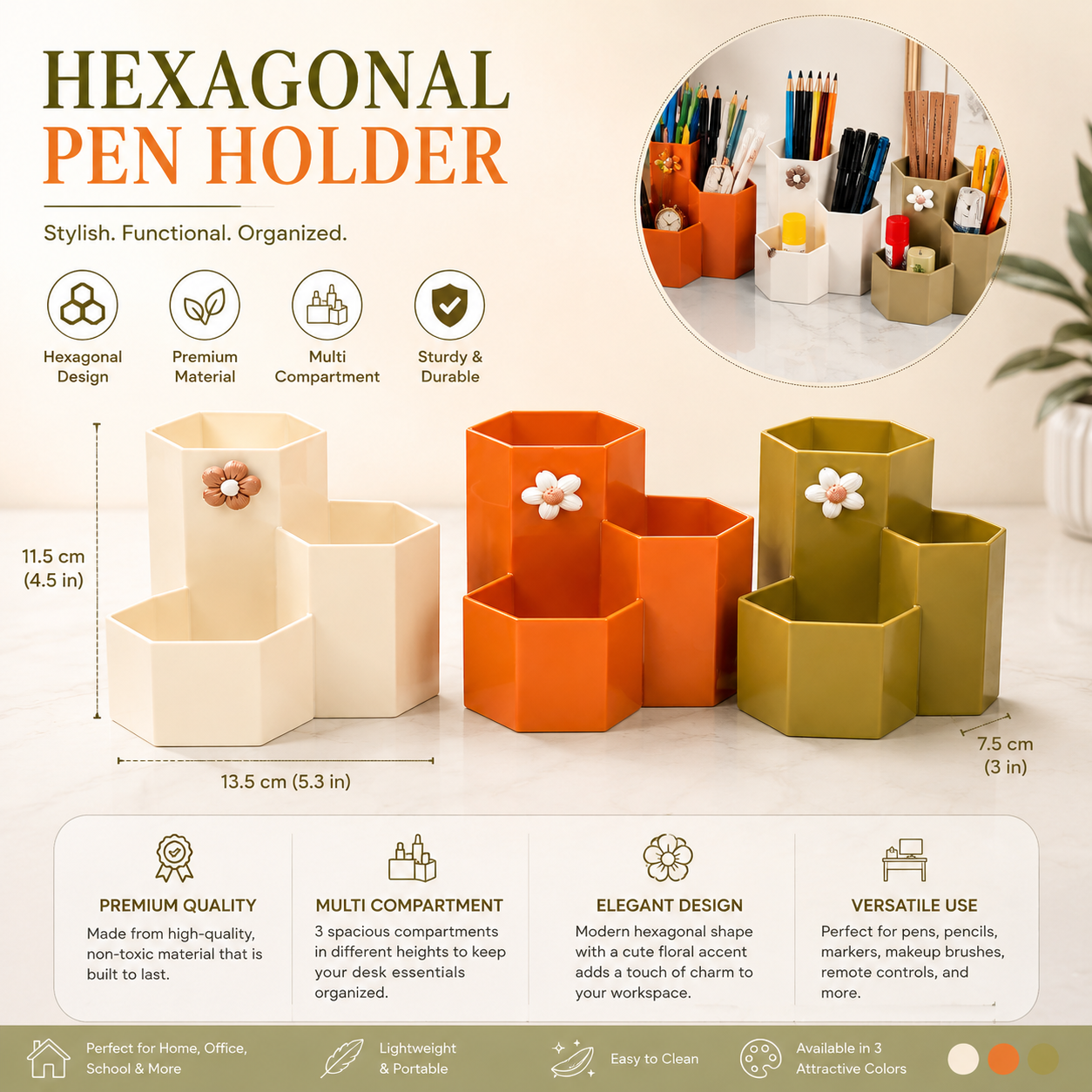 Floral Hexagon Pen Holder, Cute Floral Desk Storage Box, Modern Hexagon Organizer Stand, Multi Compartment Desk Caddy