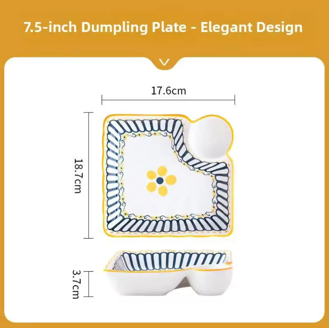 Ceramic Plate With Sauce Compartment, Dumpling Plate With Vinegar Dish, Japanese Style Serving Dish