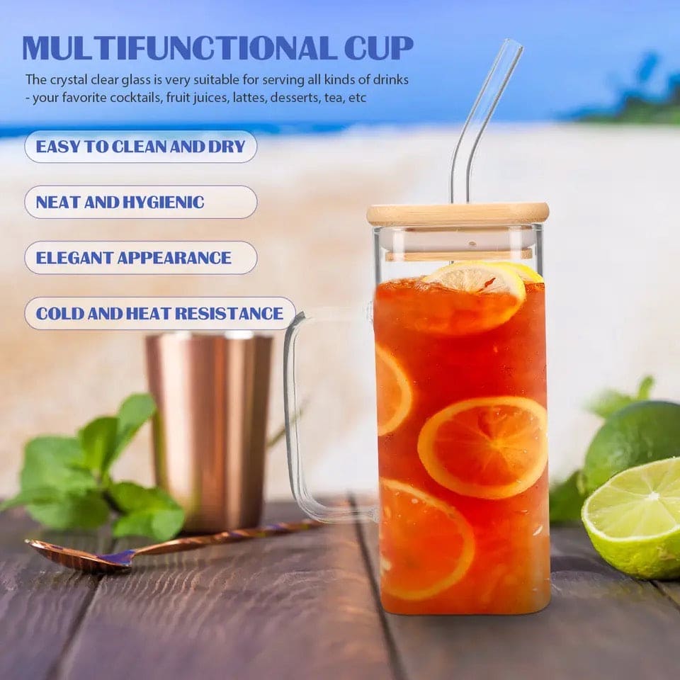 Square Coffee Mug With Wooden Top And Straw, 400ml Colored Handle Drinking Glass Cup, Transparent Drink Cup, Party Beverage Cup, Portable Glass Water Cup with Straw Lid, Household Borosilicate Straw Glass
