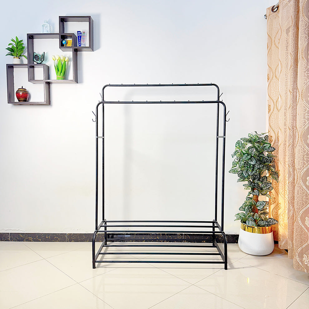 Dual Pole Metal Clothes Stand With Shoe Tiers, Standing Wardrobe Clothes Rack, Floor Stand Drying Rack