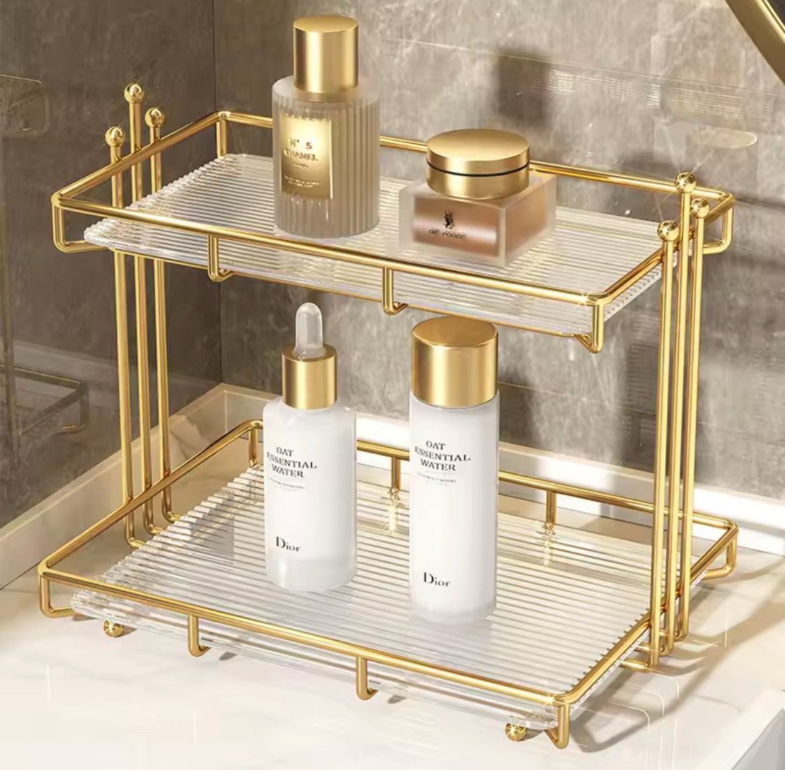 2 Tier Acrylic Bathroom Organizer Shelf, Waterproof Makeup Storage Rack, Desktop Cosmetic Lipstick Skincare Shampoo Holder Home