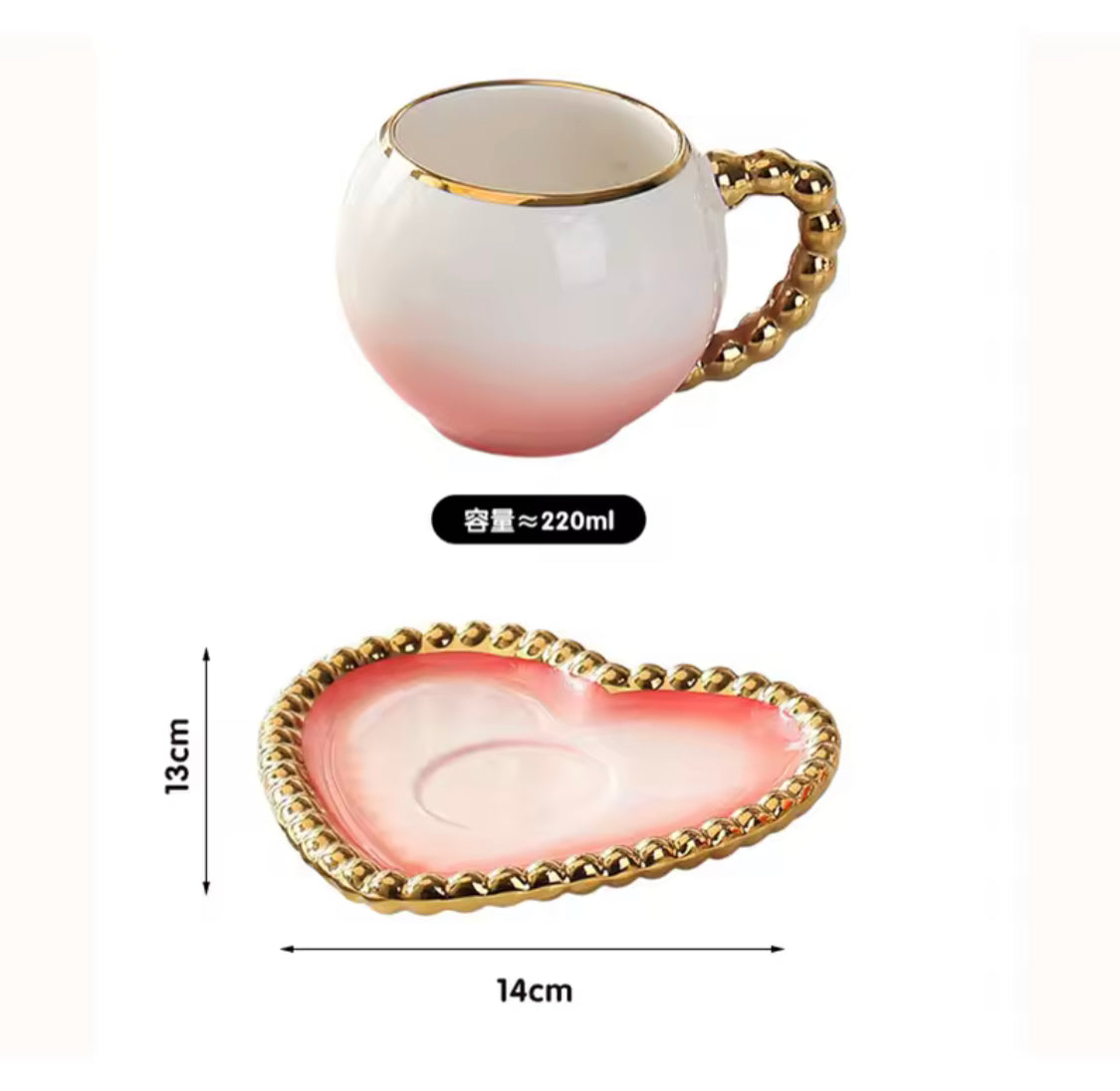Heart Shaped Porcelain
Cup And Saucer, Elegant Gold Rim Ceramic Coffee Mug, 250ml Turkish Tea Cup (1pc)