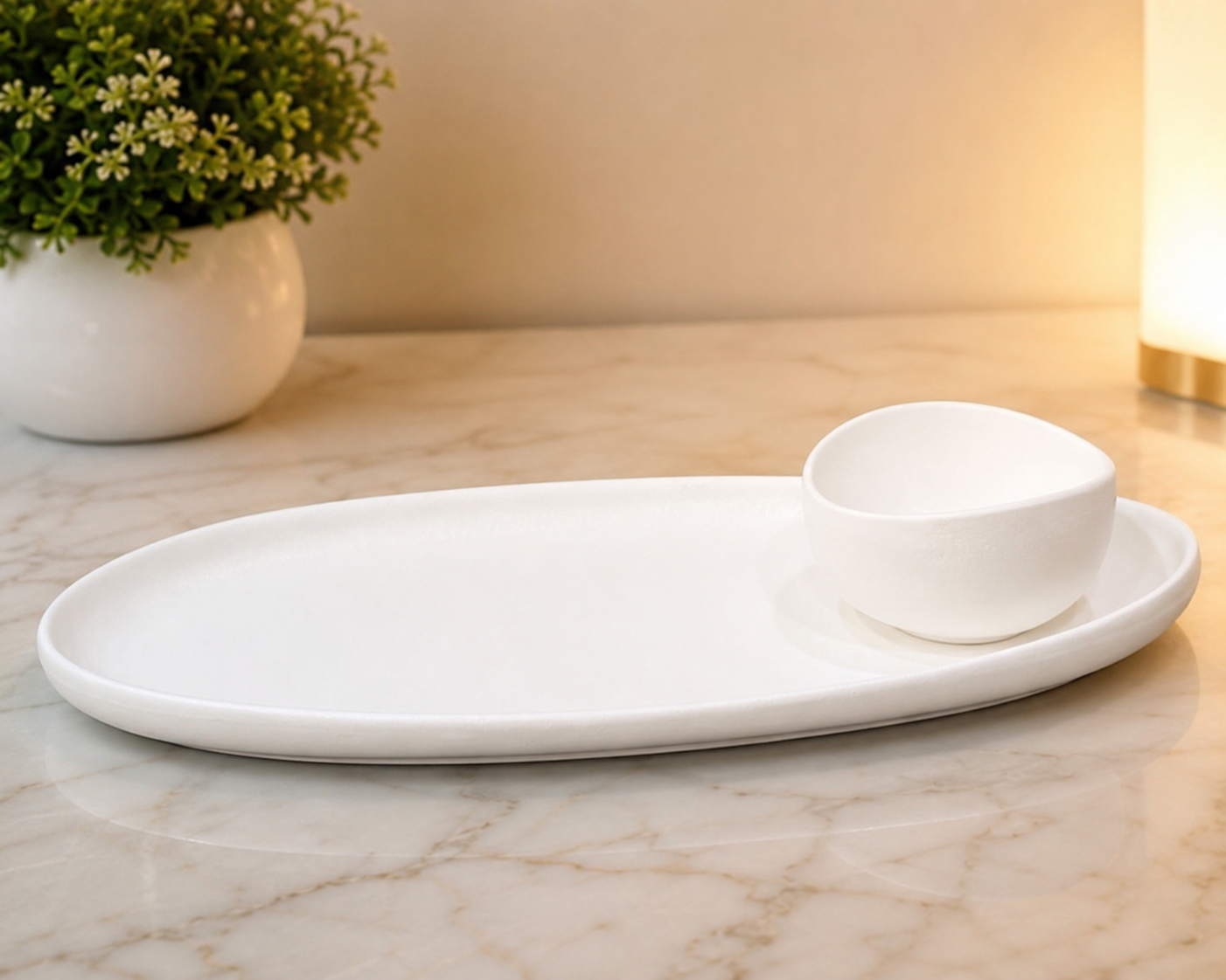 Oval Serving Plate with Sauce Bowl, Multi Purpose Serving Plate with Dip Cup, Elegant Oval Snack Platter