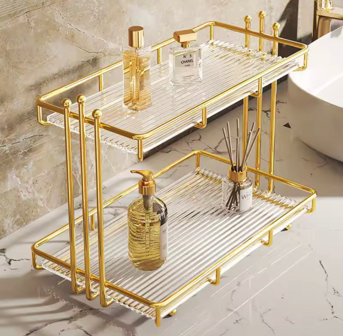 2 Tier Acrylic Bathroom Organizer Shelf, Waterproof Makeup Storage Rack, Desktop Cosmetic Lipstick Skincare Shampoo Holder Home