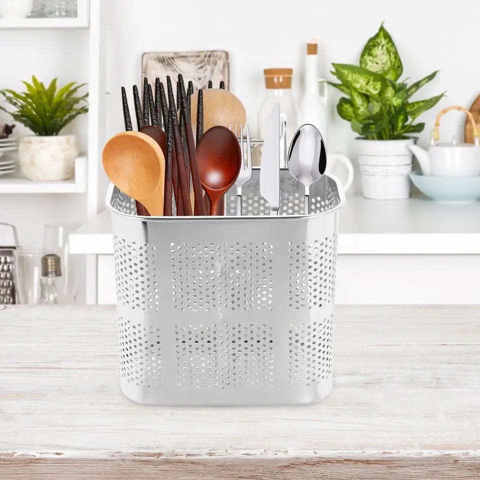 Stainless Steel Utensil Holder, Kitchen Wall Hanging Steel Cutlery Holder Organizer Rack, Multifunctional Chopstick Basket, Silverware Caddy Cutlery Rack, Drying Rack Basket Holder with Hooks