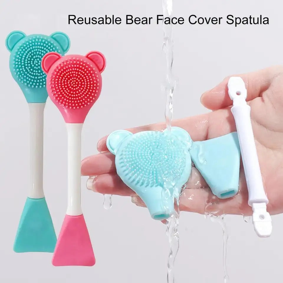 Bear Double Head Face Brush, Silicone Mud Film Facial Brush, Multifunctional Long Handle Silicone Applicator Women, Face Mask Cream Sticks Brush, Facial Mask Applicator, Makeup Removal Scrubber, Portable Salon Spa Facial Cleansing Brush