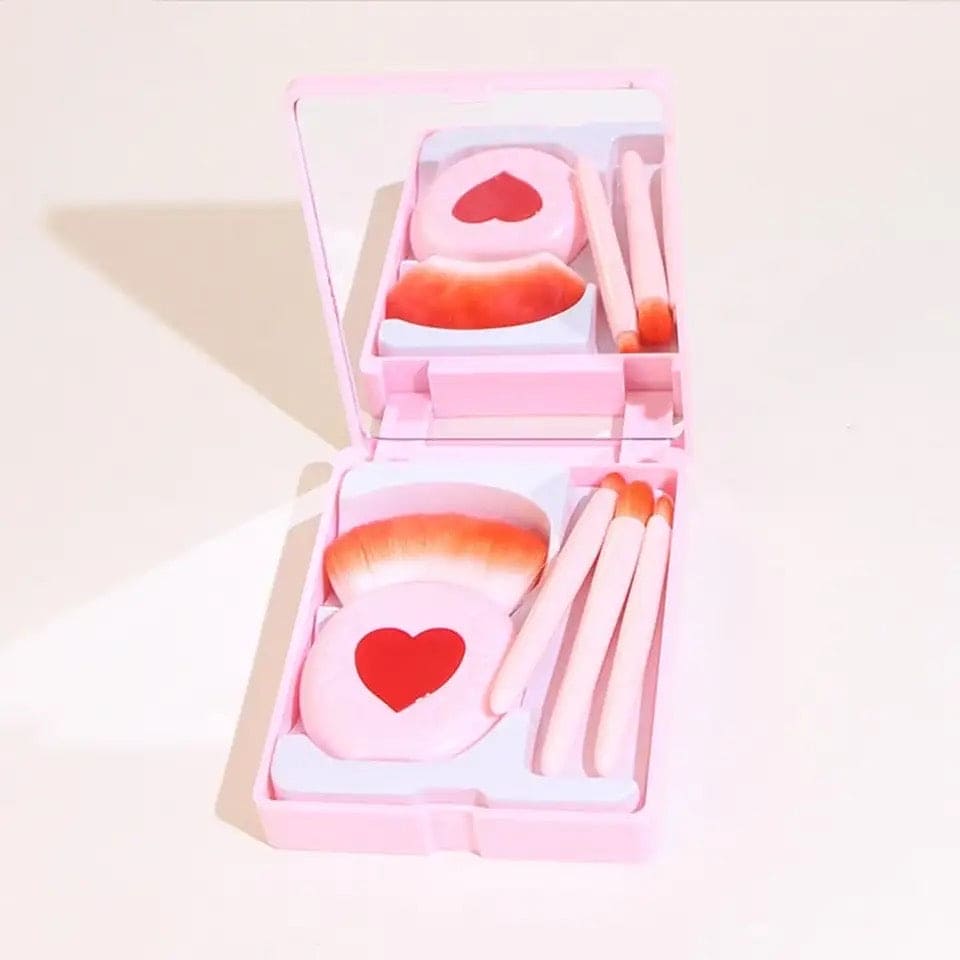 Mini Heart Makeup Brush Set, Portable Makeup Mirror with 5 Pcs Makeup Brushes, Hand Hold Pocket Foldable Beauty Makeup Tools Set, Portable Makeup Brush Box With Mirror