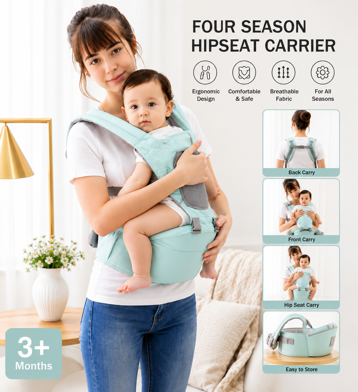 4 In 1 Baby Carrier with Hip Seat, Ergonomic Baby Hip Seat Carrier with Waist Support, Lightweight Baby Hip Seat Carrier with Padded Shoulder Straps