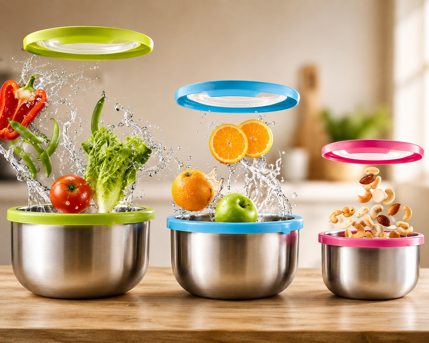 Set Of 3 Bento Bowl, Stainless Steel Round Food Container, Portable Leakproof Lunch Box, Food Silicone Bento Lunch Box For Kids, Instant Noodle Bowl Food Container, Collapsible Food Container with Lid, Stainless Steel Non Slip Crisper