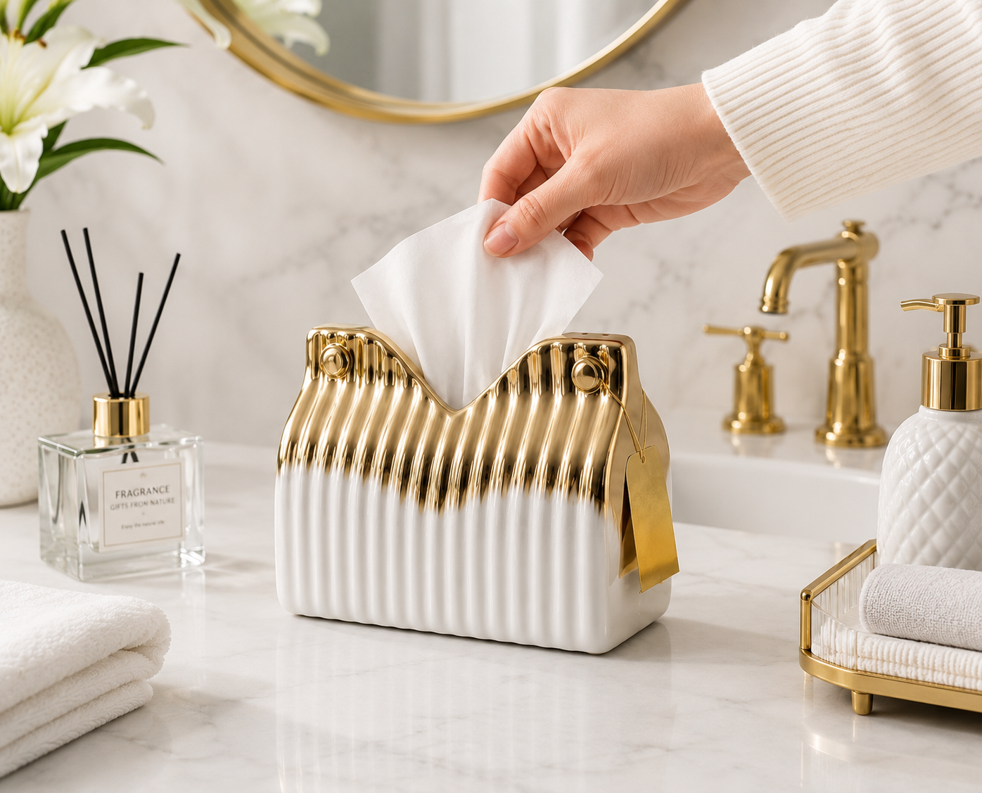 Luxury Ceramic Tissue Box, Marble Luxe Tissue Holder, Elegant Tabletop Tissue Box
