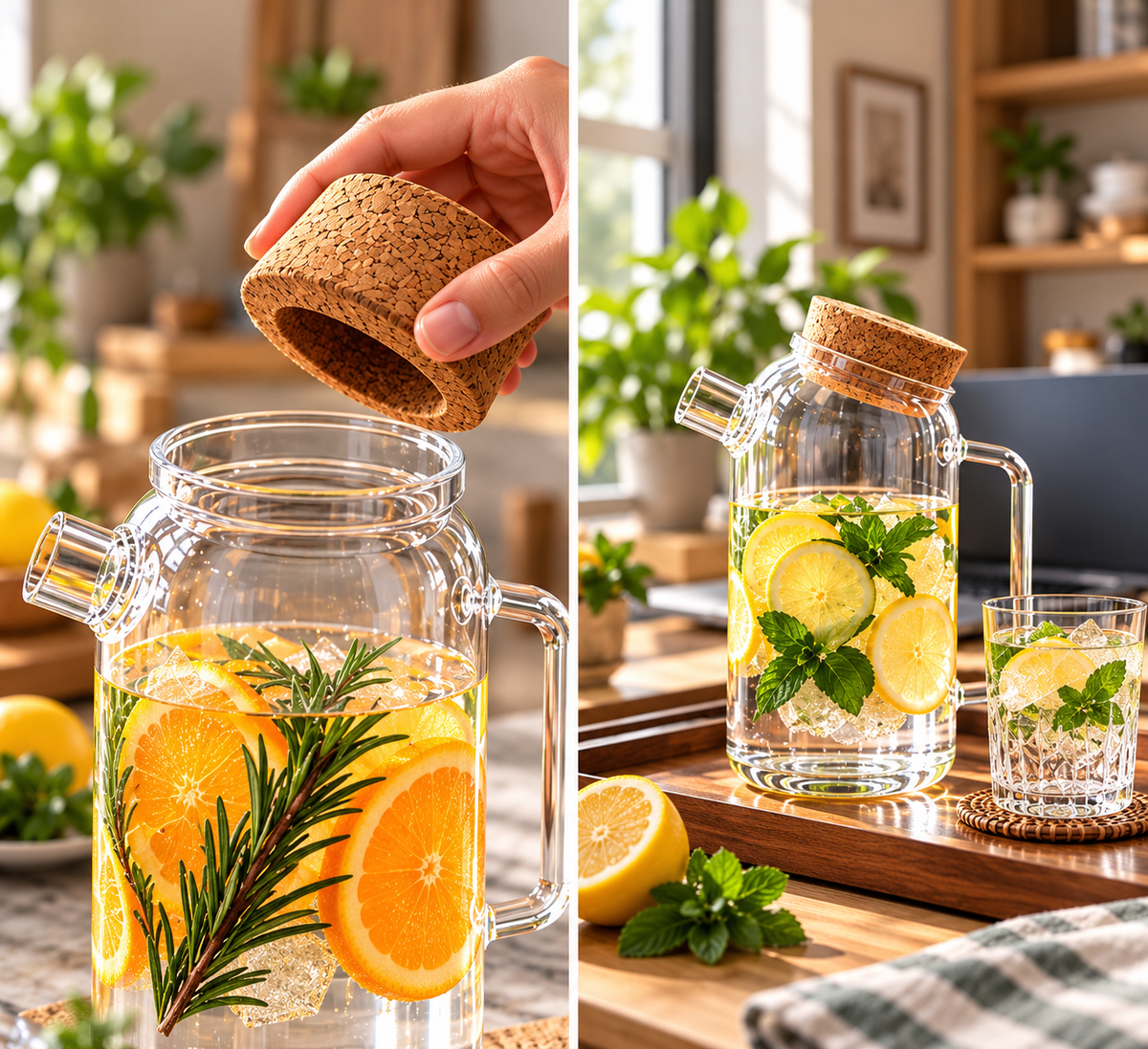 High Borosilicate Glass Water Jug with Cork Lid, Crystal Clear Glass Water Jug, Luxury Glass Juice & Water Pitcher