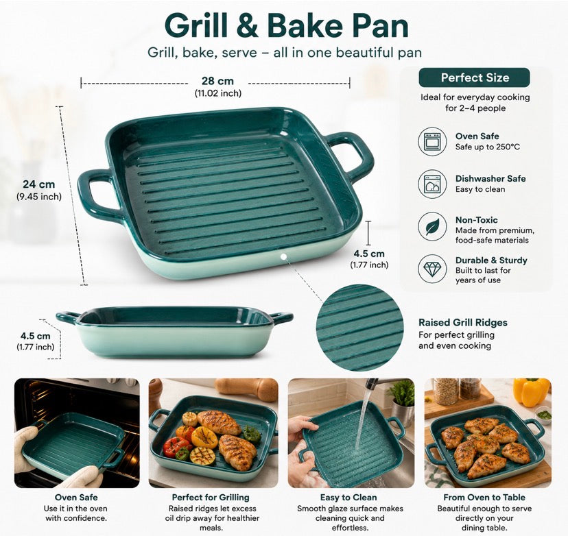 Non Stick Ceramic Roasting And Baking Tray, Deep Ceramic Baking Dish with Side Handles, Heavy Duty Ceramic Baking Tray with Raised Grill Ridges