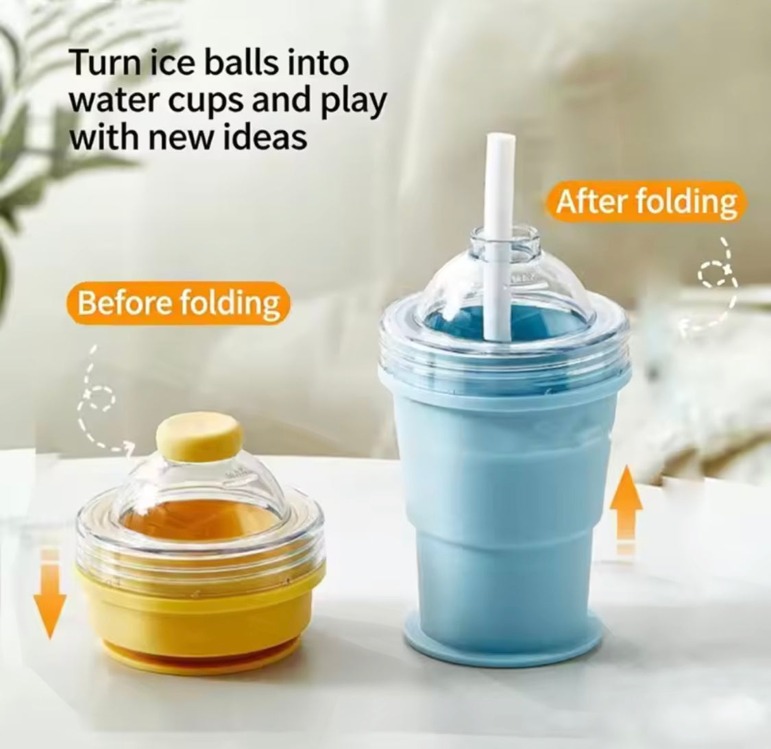 2 In 1 Collapsible Silicone Ice Ball Cup, Reusable Portable Ice Sphere Mold with Straw Lid, Portable Ice Ball Cup