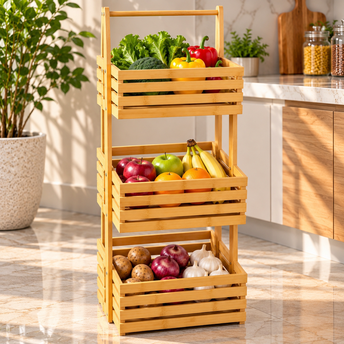 Multi Tier Bamboo Storage Basket, Wooden Kitchen Fruit & Vegetable Rack with Handle, Wooden Slatted Storage Basket Stand, Multi Tier Bamboo Kitchen Organizer