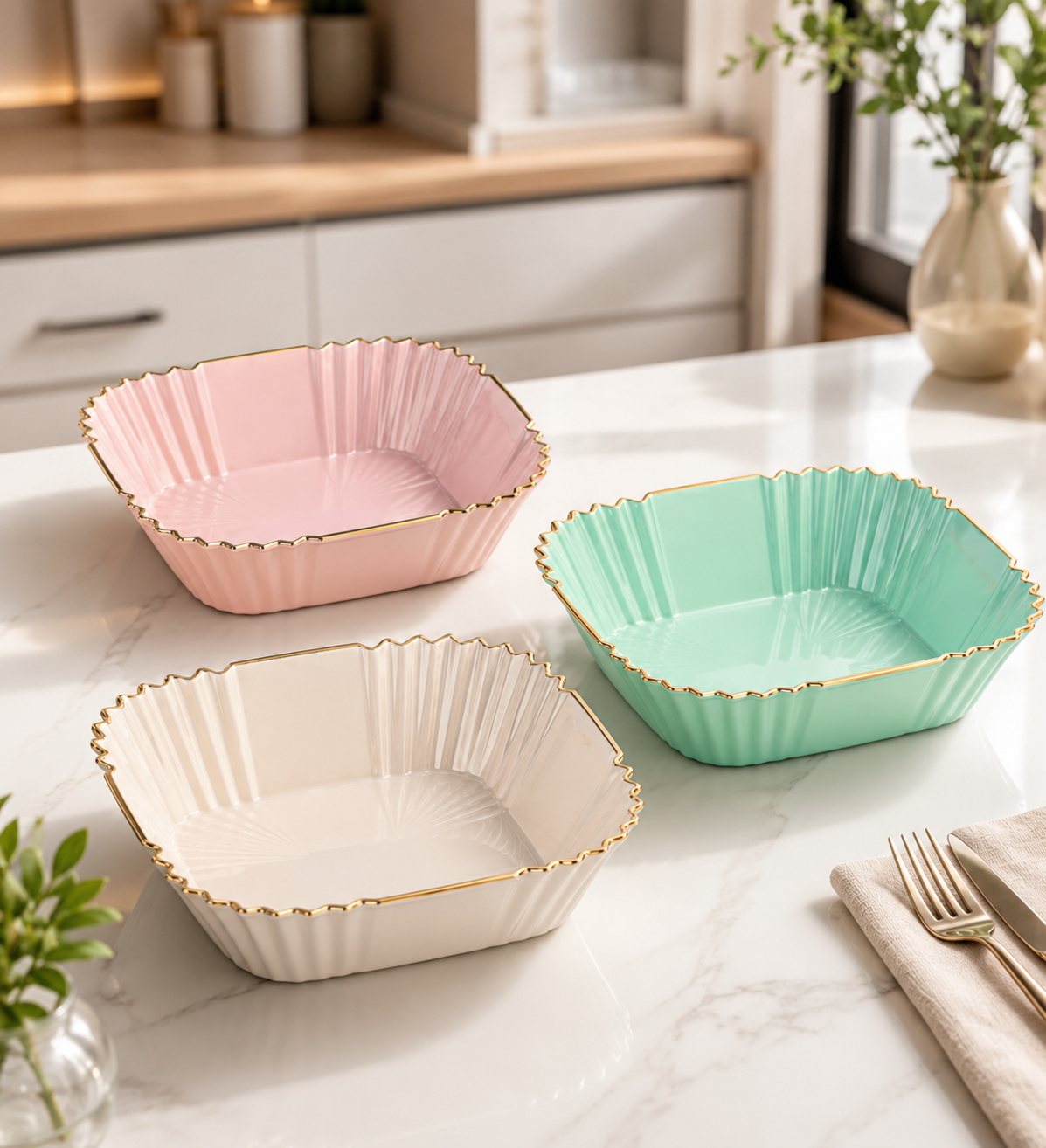Luxury Gold Rim Serving Bowl, Decorative Petal Edge Bowl, Modern Gold Trim Fruit Bowl, Premium Tabletop Serving Bowl