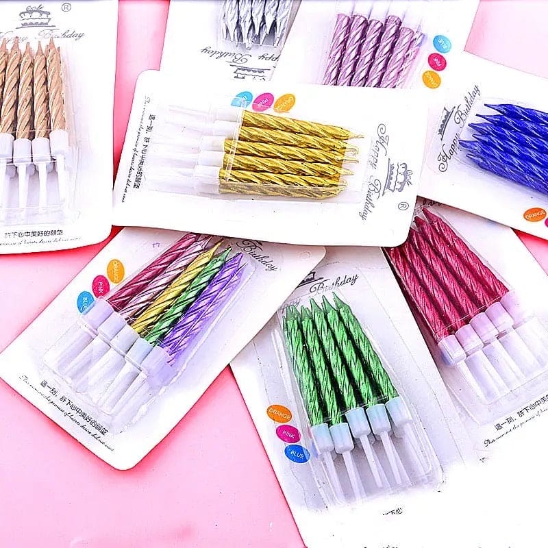 Set Of 8 Thread Color Birthday Candles With Candles, Cake Candle With Holder, Party Supplies Short Thin Metallic Color Candles