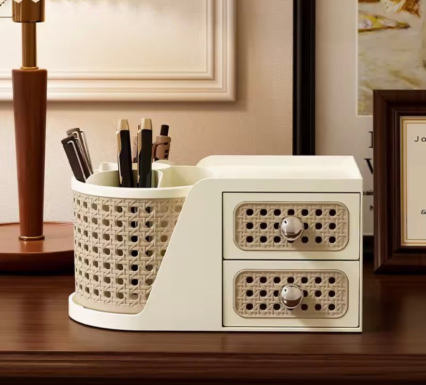 Rattan Style Makeup Organizer with Drawers, Large Capacity Cosmetic Storage Box, Double Layer Rotating Shelf Pen Holder, Desktop Organizer