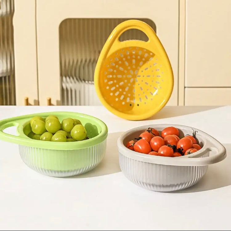 Plastic Kitchen Drain Basket, Double Layer Rice Wash Basket, Colander Set with Bowl Strainer