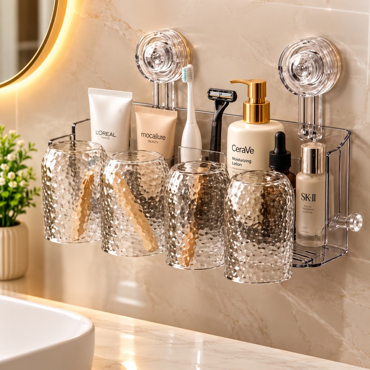 4 in 1 Wall Mounted Toothbrush Holder, Luxury Bathroom Storage And Cup Holder, Bathroom Essentials Wall Organizer