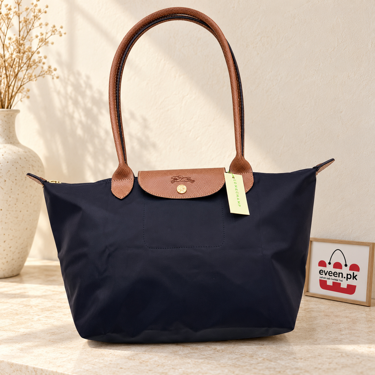 Nylon Tote Bag with Leather Handles, Everyday Shoulder Tote Bag, Large Capacity Tote Bag, Women’s Lightweight Travel Tote Bag