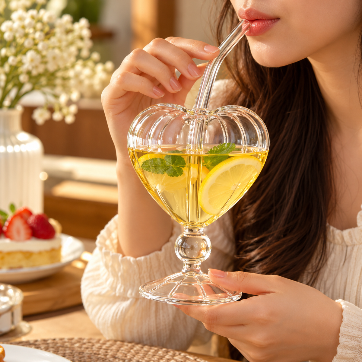 Heart Shaped Ribbed Glass Mug with Straw, Aesthetic Glass Drinking Goblet with Straw, 3D Heart Shaped Glass Drink ware, Transparent Heart Glass Cup with Straw