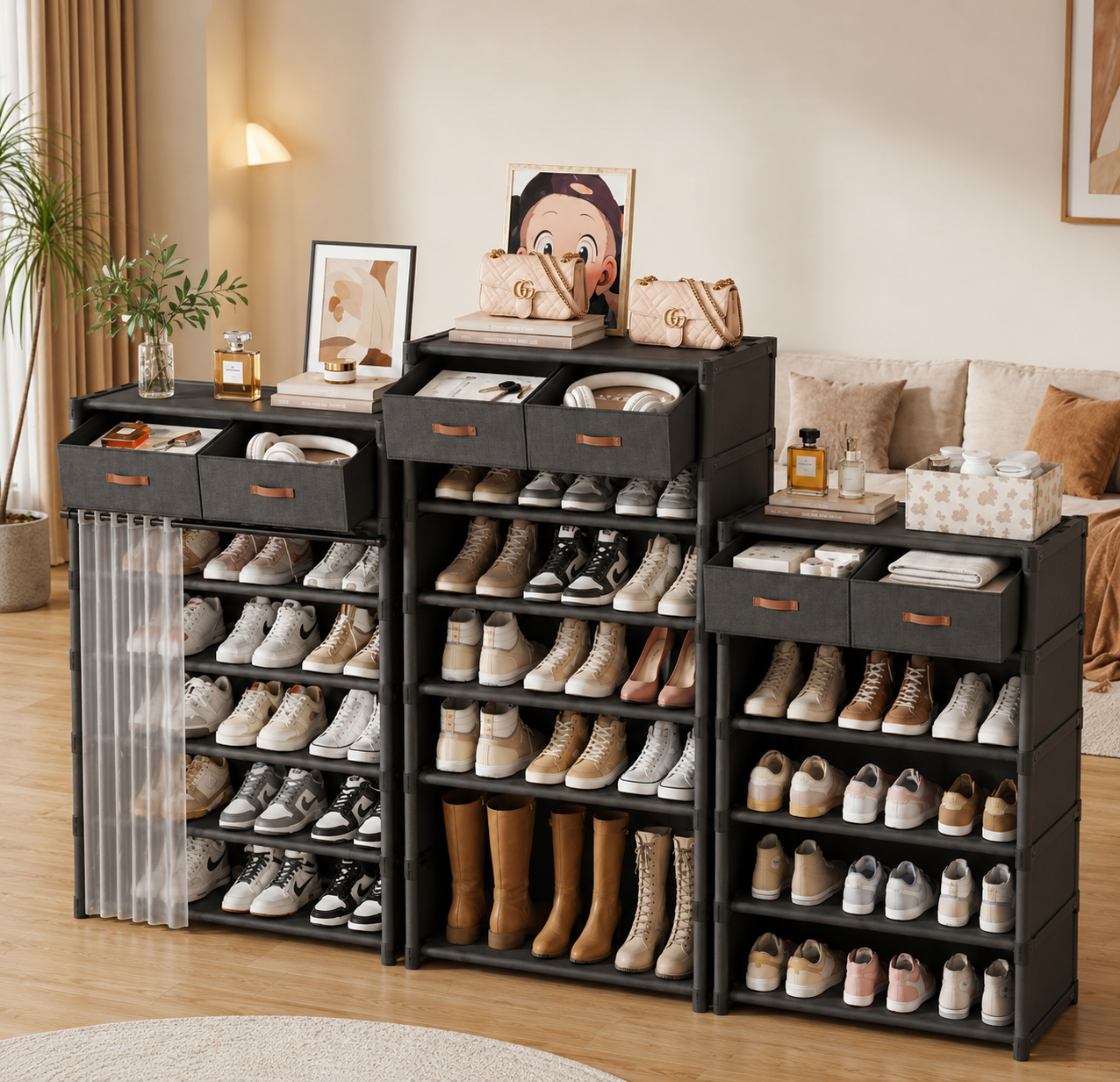 Dustproof Shoe Rack Organizer with Storage Drawers, Multi Layer Shoe Storage Rack with Sliding Dustproof Curtain, Shoe Cabinet with Fabric Drawers & Dust Cover