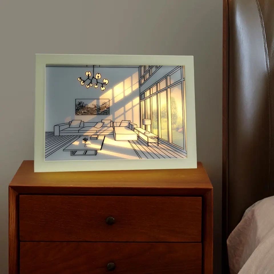 Sunshine Art Painting Frame, LED Shadow Painting Frame, Creative Tabletop Decor Photo Frame, light painting painting Light and Shadow Glowing Frame, Creative Artistic Shadow Painting, 3 Color Luminous Wall Art Decoration, Wooden Light Hollow Photo Frame
