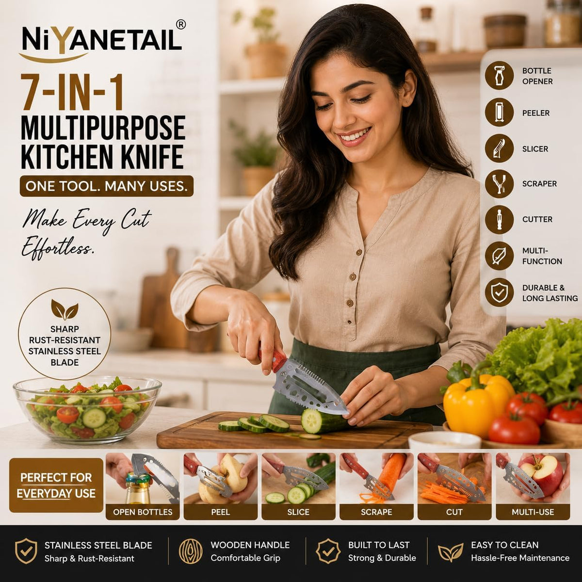 7 In 1 Multipurpose Kitchen Knife, Stainless Steel Vegetable Cutter with Bottle Opener, Fruit And Vegetable Peeler, Kitchen Tool