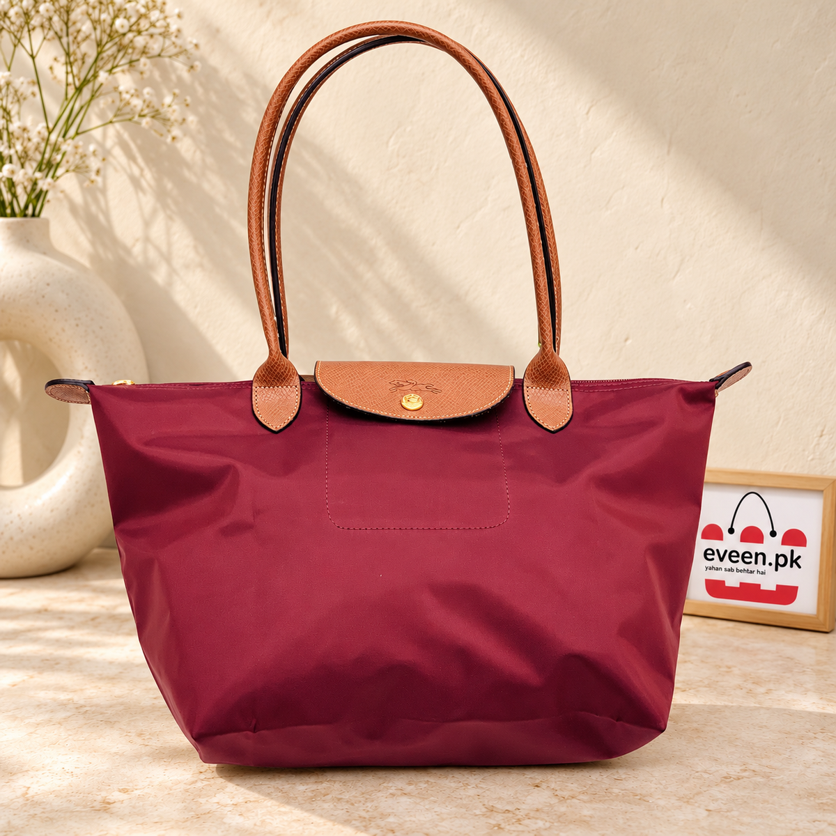 Nylon Tote Bag with Leather Handles, Everyday Shoulder Tote Bag, Large Capacity Tote Bag, Women’s Lightweight Travel Tote Bag