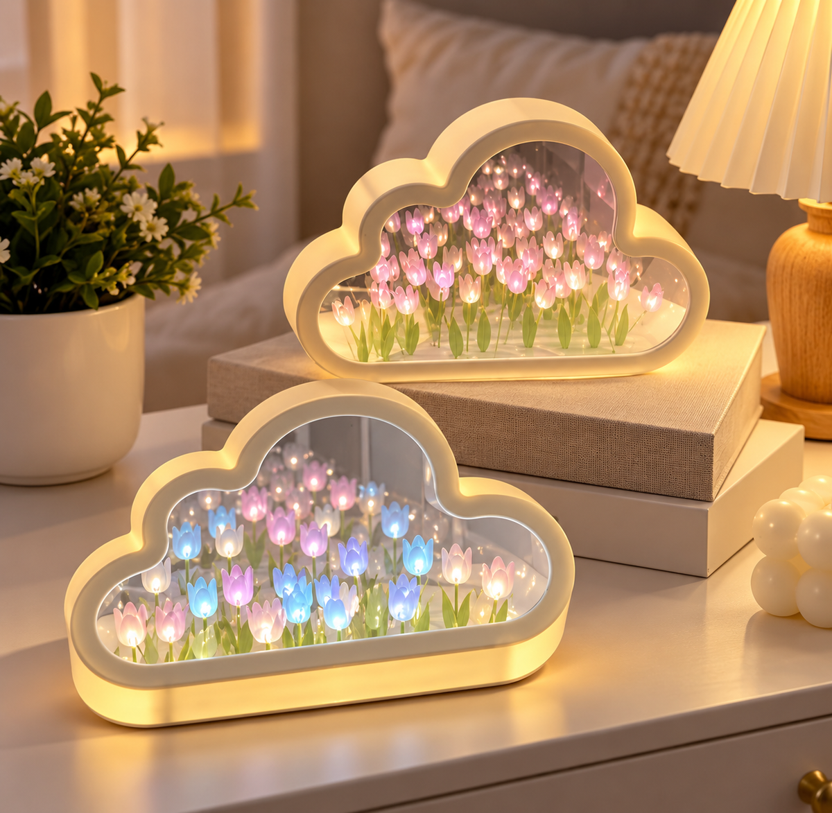 Cloud Shape Tulip Flowers Night Light, Bedroom Decor Mirror Table Lamp, Clouds Tulip Atmosphere Lamp