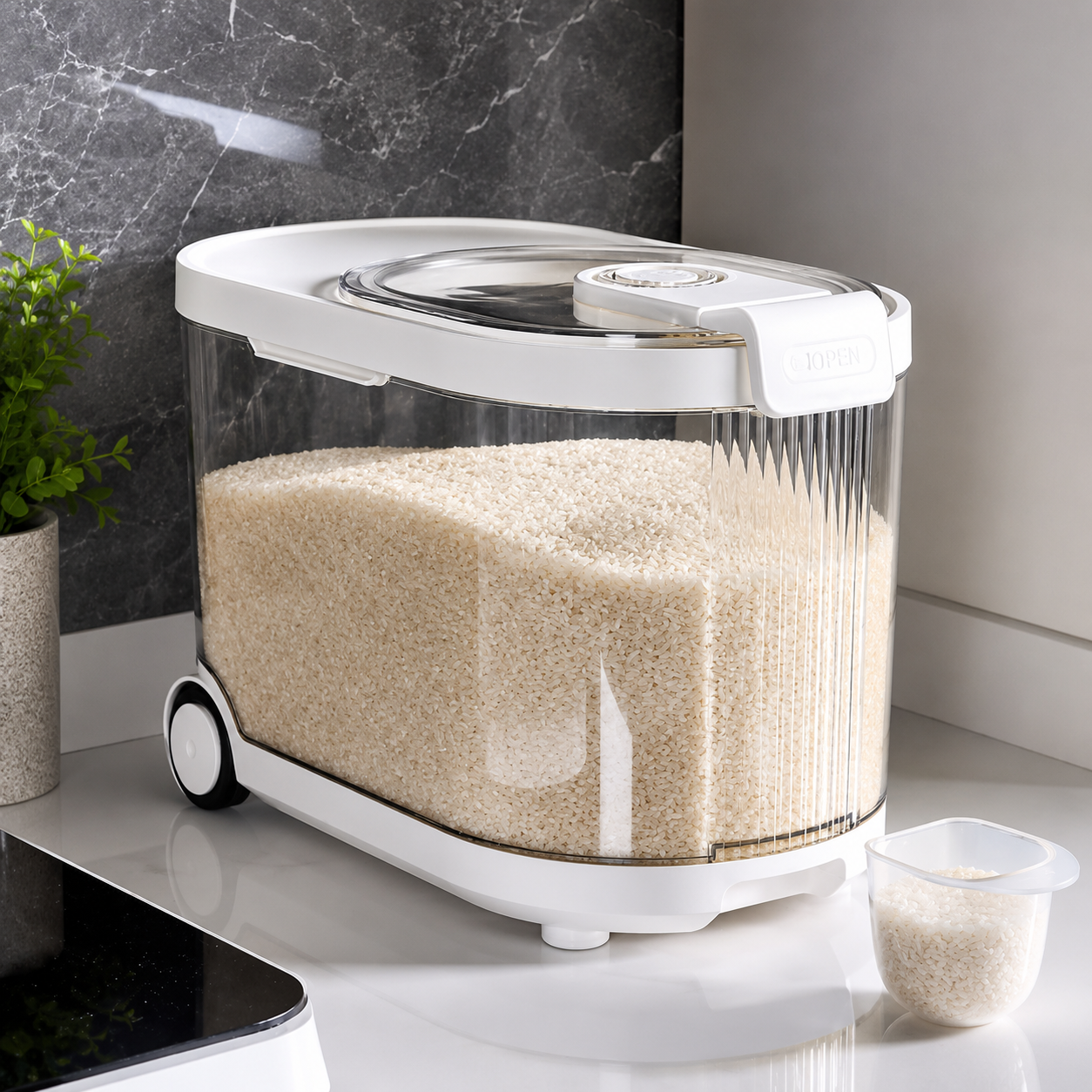 Smart Rice Storage Container, Modern Rice Organizer Container, Rice Dispenser With Measuring Cup, Food Grade Rice Storage Bin