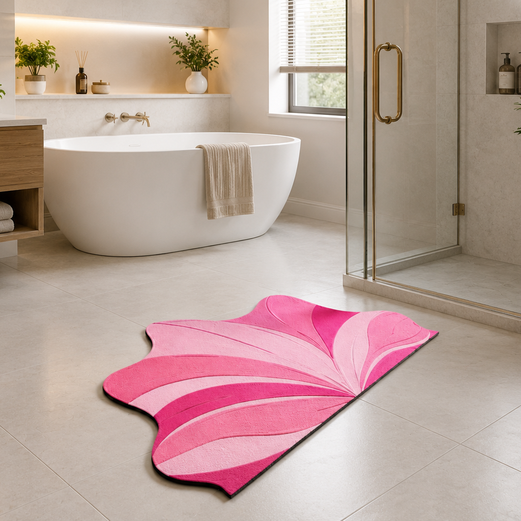 Pink Blossom Absorbent Floor Rug, Lotus Bloom Bath Mat, Pink Petal Comfort Rug, Elegant Lotus Door Mat