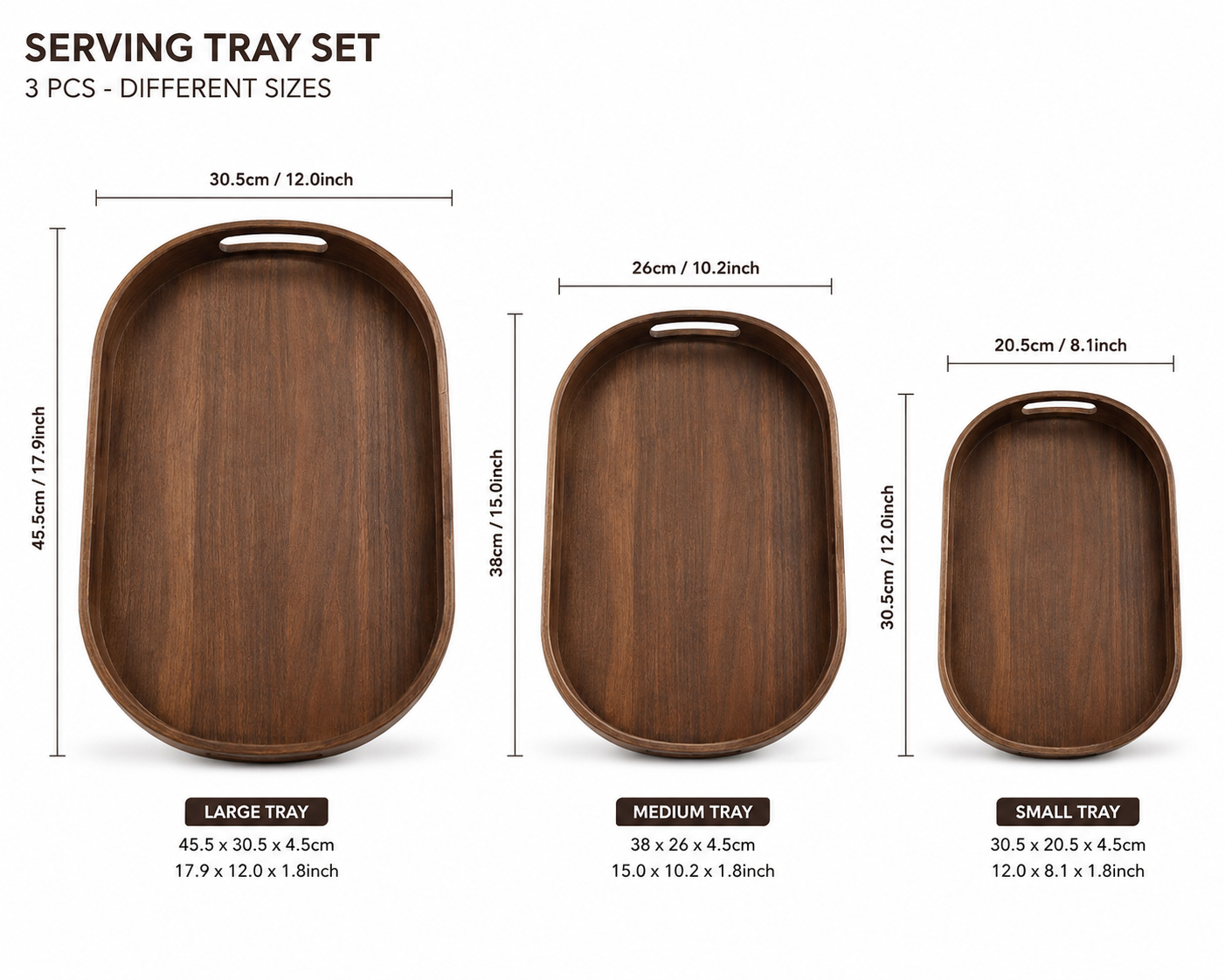 3pcs Dark Wood Serving Tray Set, Wooden Tea Serving Tray Set, Heritage Style Wooden Serving Tray Set, Luxury Brown Wood Breakfast Tray Set