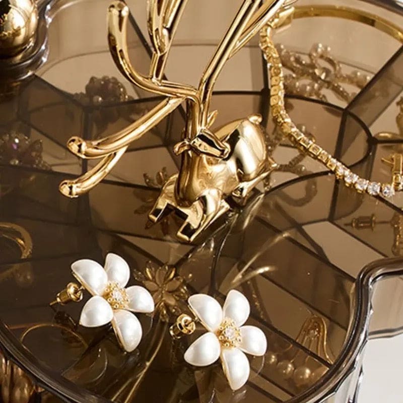 Little Deer Jewellery Organizer, 3 Layer Rotating Necklace Jewelry Box, Light Luxury Heart Desktop Sundries Makeup Organizer, Elegant Decorative Necklace Earrings Bracelet Container, Acrylic Jewelry Display Stand, Large Capacity Striped Box