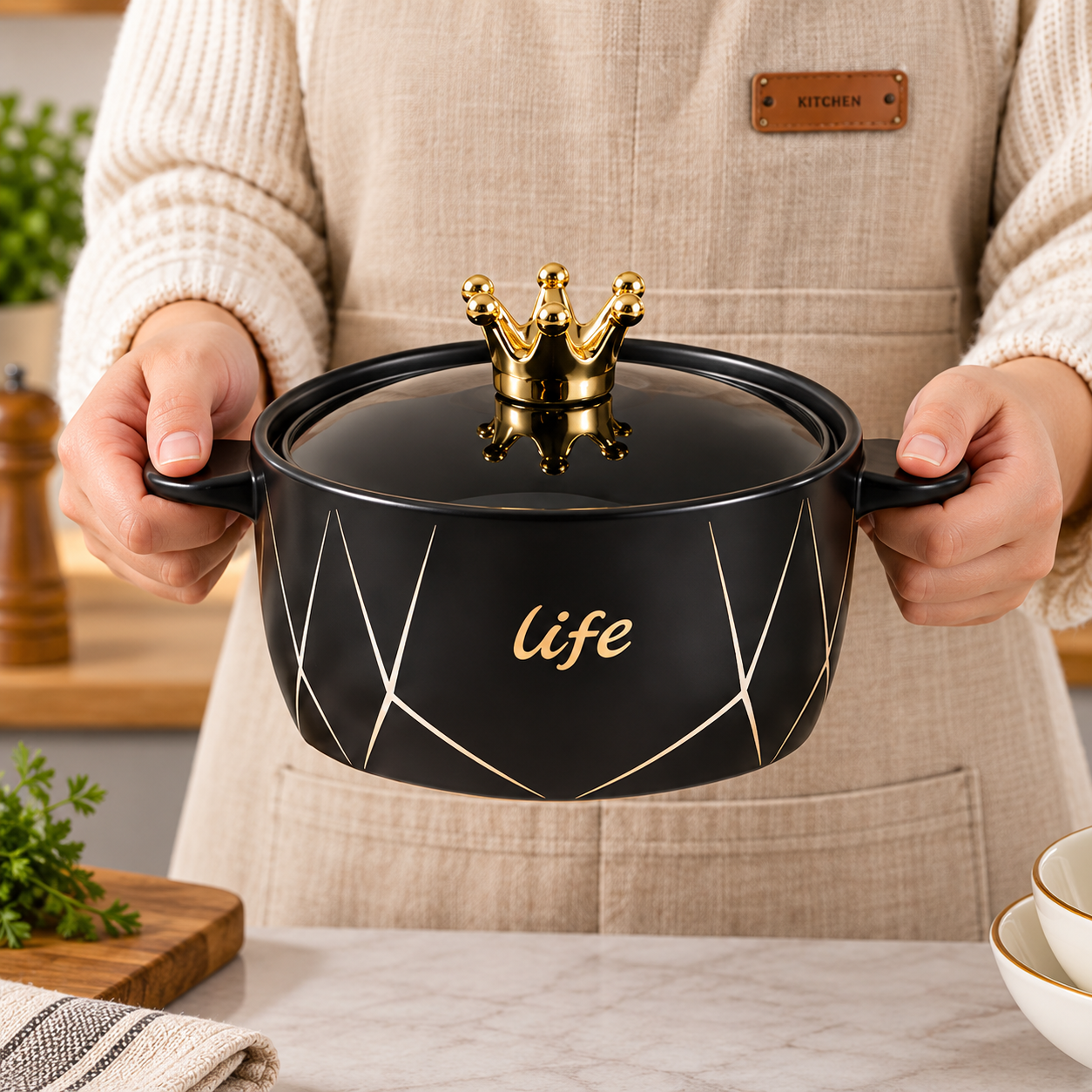 Royal Crown Ceramic Cooking Pot, Luxury Crown Lid Ceramic Pot, Elegant Ceramic Cooking & Serving Pot