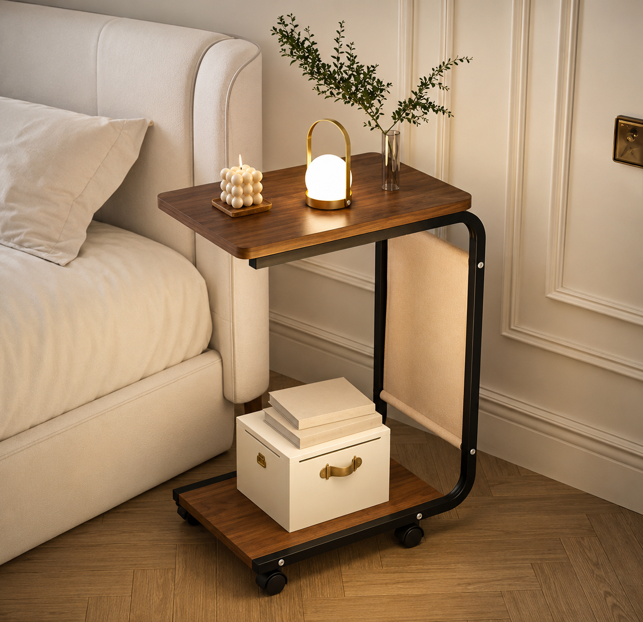 Rolling Sofa Side Table, Compact Bedside Utility Table, Space Saving Laptop Side Table, Compact Bedside Utility Table