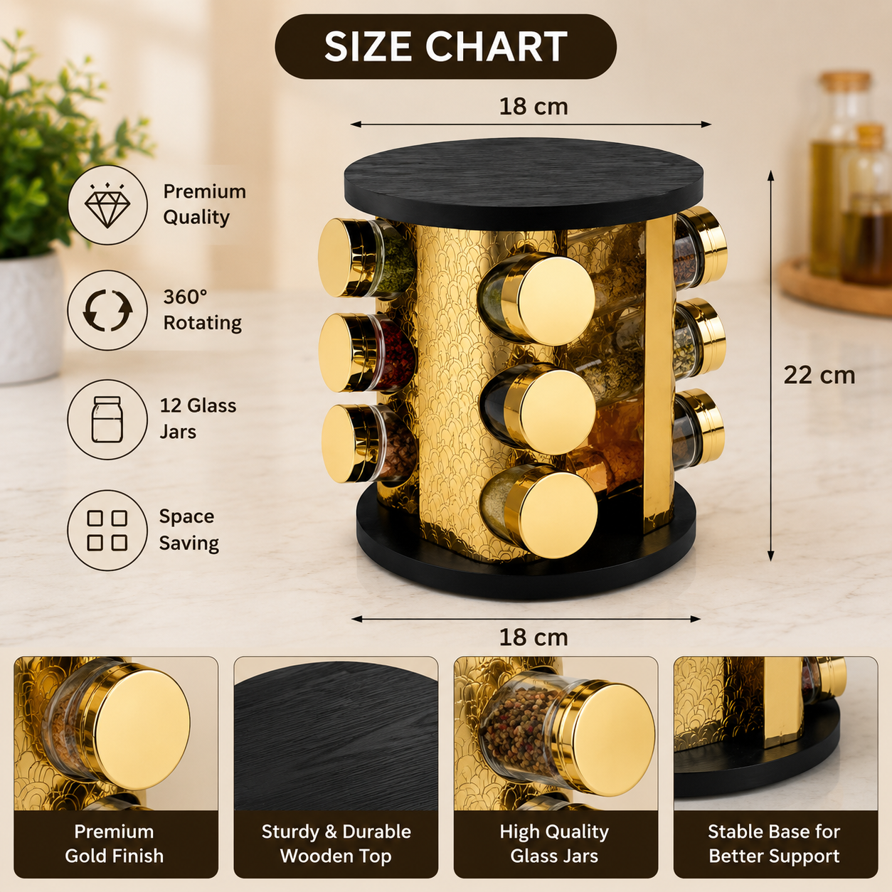 Space Saving 360° Spice Carousel Organizer, Revolving Spice Rack, Countertop Spice Rack with 12 Glass Jars, Modern Spice Display Stand, Kitchen Essentials Spice Organizer