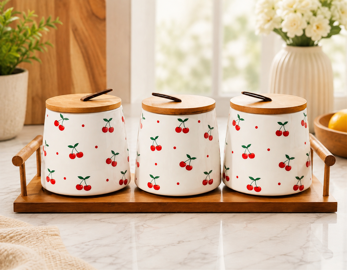 Ceramic Canister Set with Wooden Lid And Tray, Vintage Cherry Dot Canister Set, Ceramic Cherry Canister with Bamboo Lid