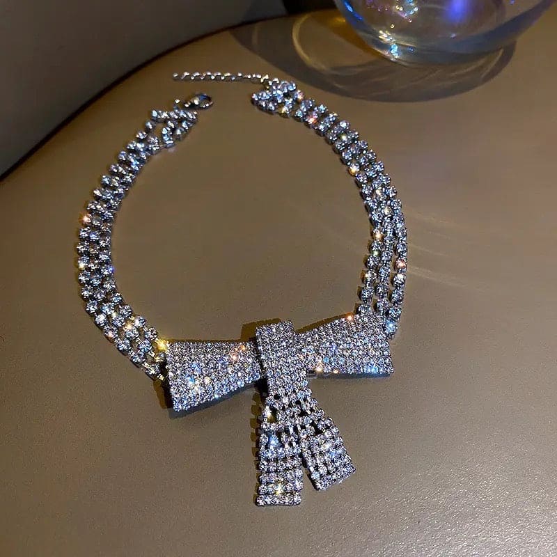 Shiny Crystal Bowknot Necklace, Long Tassel Rhinestone Necklaces, Luxurious Bowknot Pendant Necklace, Sparking Crystal Pave Bowknot Pendant, 3D Bowknot Pendant Necklace Jewellery