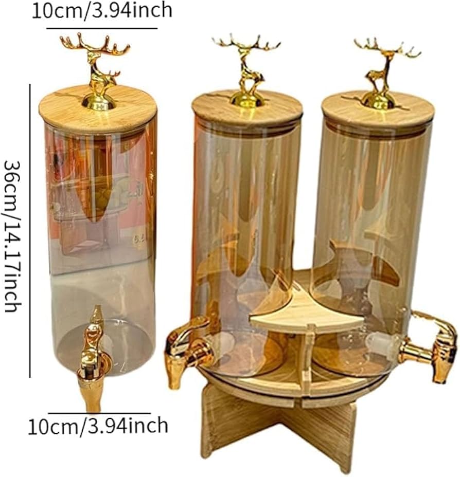3 In 1 Rotating Glass Beverage Dispenser With Deer Lid, High Borosilicate Beverages Dispenser With 3 Tap, Glass Beverage Dispenser Set with Stand, Tabletop Beverage And Water Dispenser, Water Storage Glass Dispenser, Beverage Storage Jar