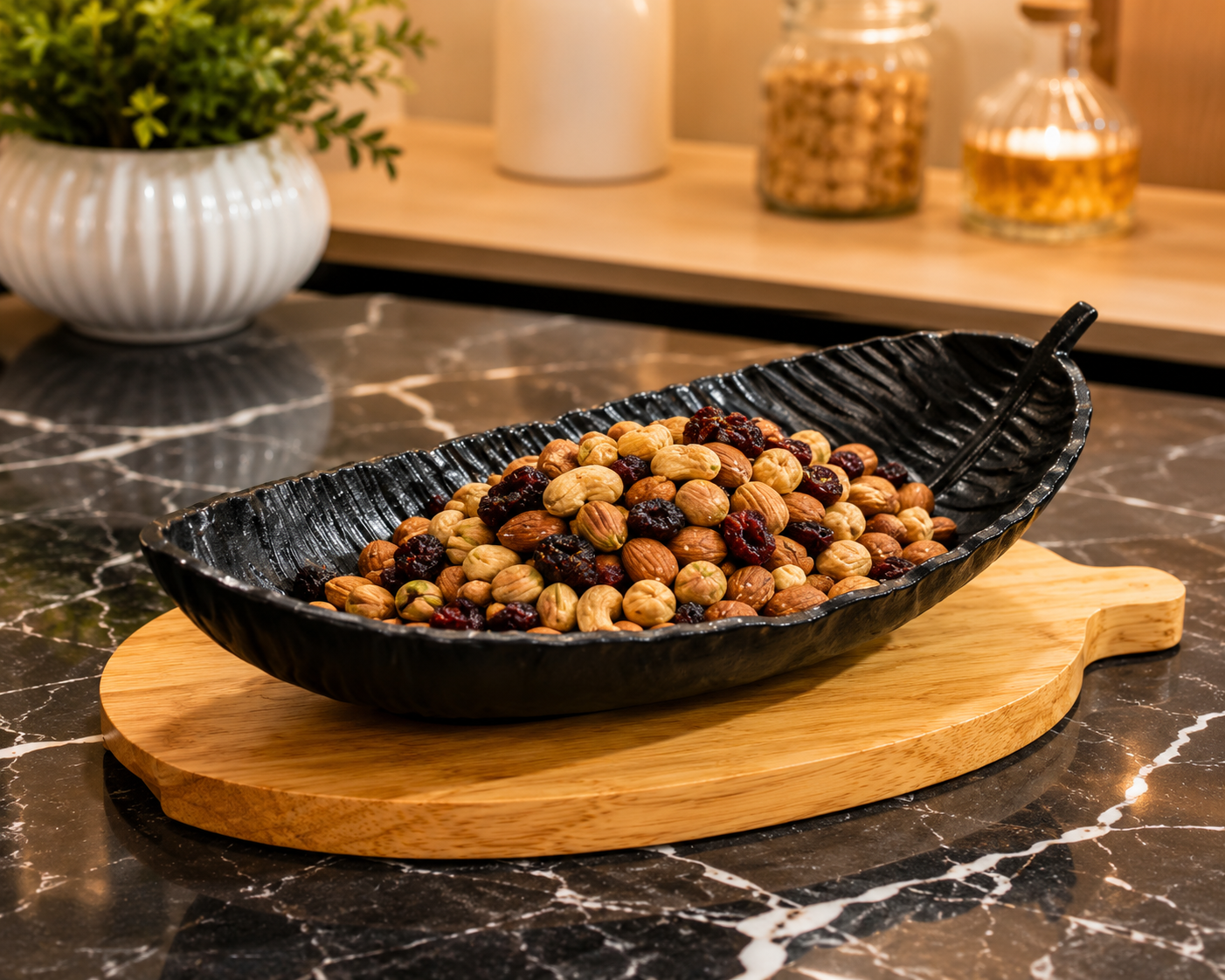 Elegant Leaf Shaped Serving Platter with Wooden Stand, Decorative Leaf Fruit Bowl, Luxury Tabletop Leaf Serving Dish, Leaf Centerpiece Bowl